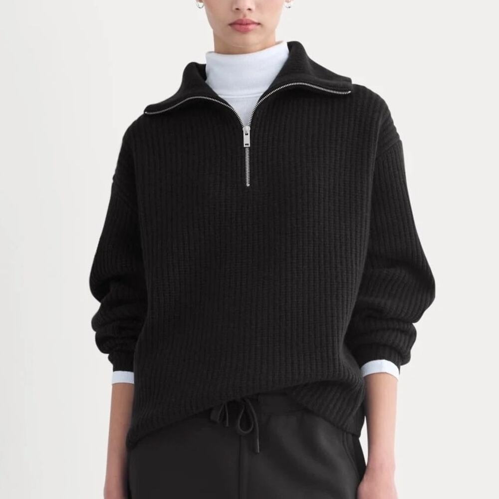 Everlane The Half Zip Sweater In Luxe Merino Wool Black Size Large NWT